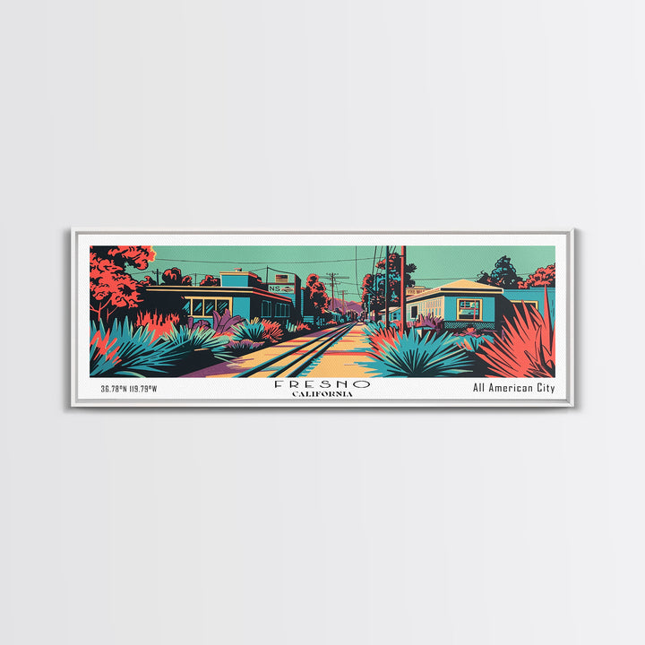 Fresno California Panoramic Framed Canvas Print, Travel Poster, Mid Century Modern Art, Pop Art Style, Wall Art, Home Decor, Living Room Art, Vintage Wall Art