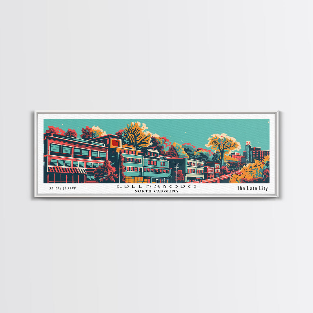 Greensboro North Carolina Travel Poster Framed Canvas Print, Panoramic Mid Century Modern Art, Pop Art Style, Wall Decor, Home Decor, Retro Style Art