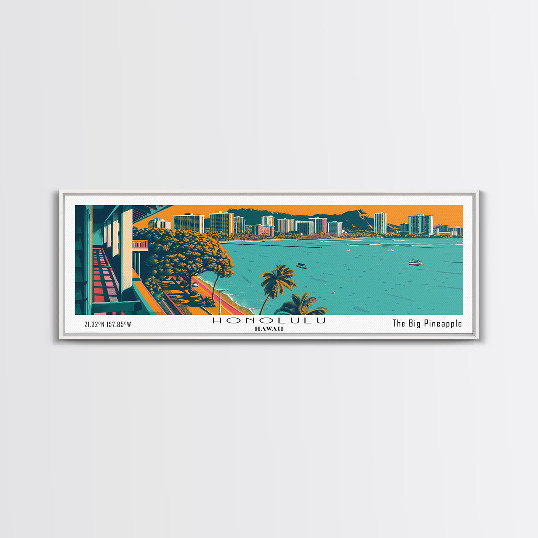 Honolulu Hawaii Panoramic Travel Poster Framed Canvas Print, Mid Century Modern Art, Pop Art Style, Wall Hanging, Home Decor, Vintage Wall Art, Office Wall Art