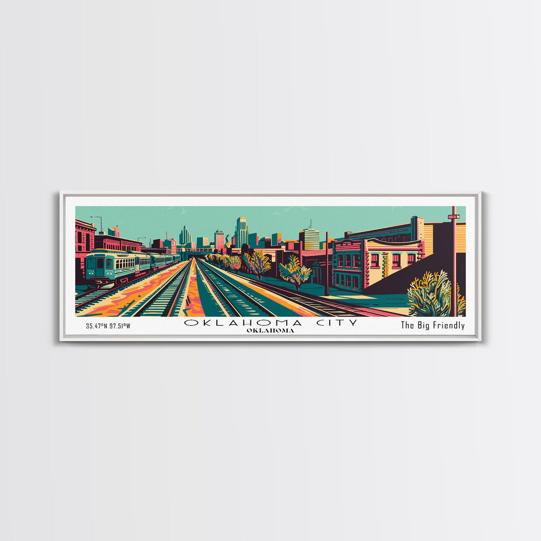 Oklahoma City Oklahoma Panoramic Wall Art Framed Canvas Print, Travel Poster, Mid Century Modern Art, Pop Art Style, Wall Decor, Office Art