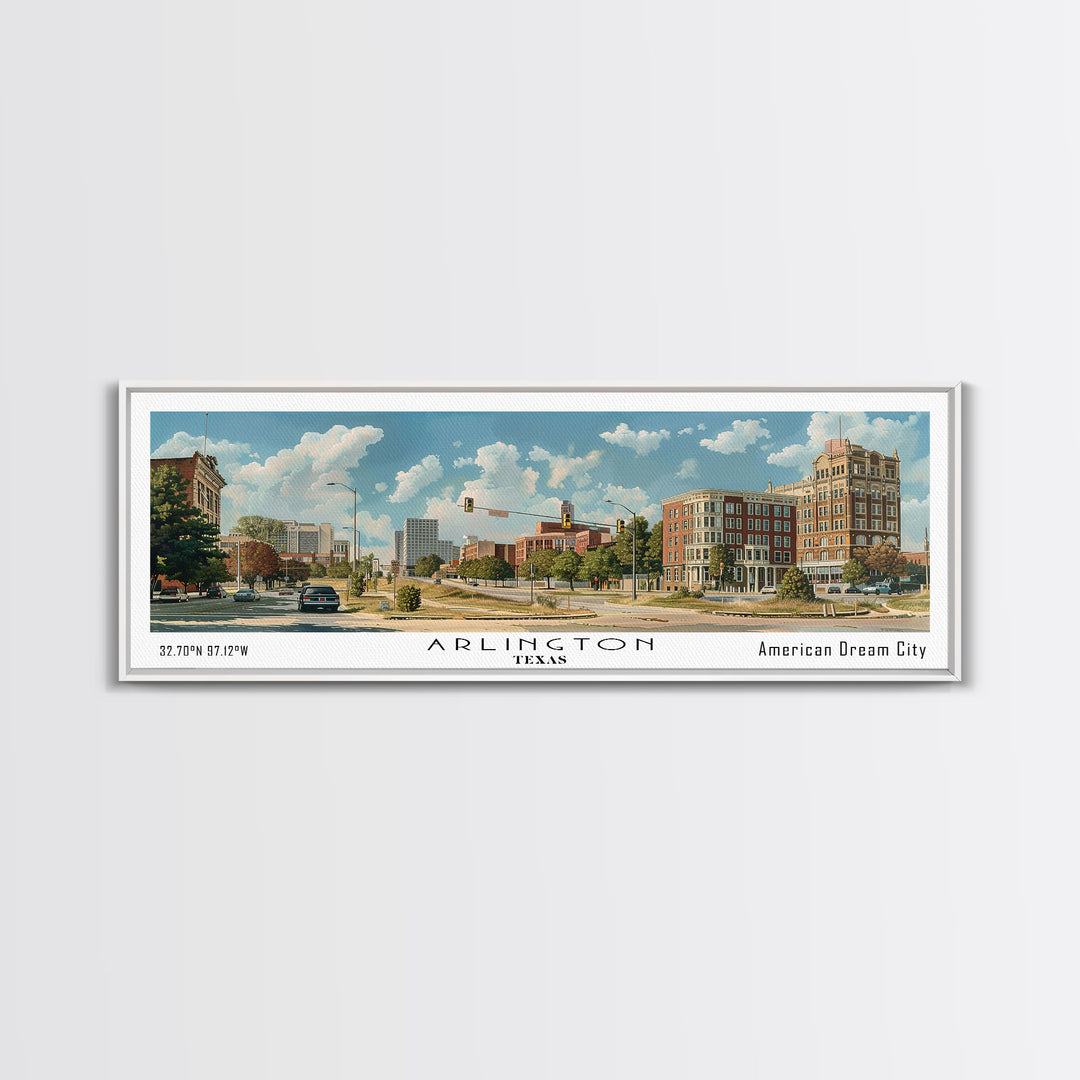 Arlington Texas Panoramic Painting, Watercolor Framed Canvas Print, Scenic City Art, Travel Poster, Wall Decor, Living Room Art, Gift Idea