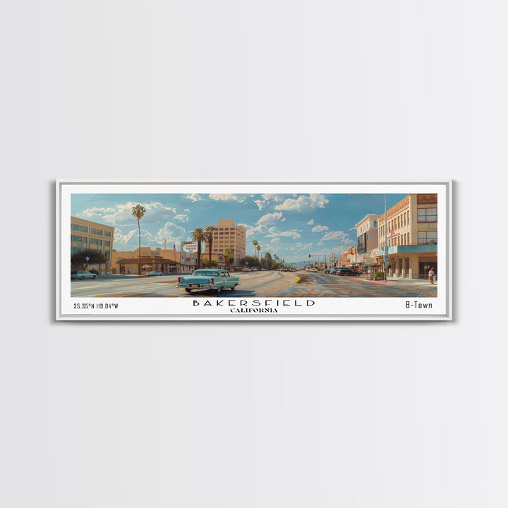 Bakersfield California Panoramic Watercolor Painting, Framed Canvas Print, Scenic City Art, Travel Poster, Wall Decor, Living Room Art, Office Wall Art