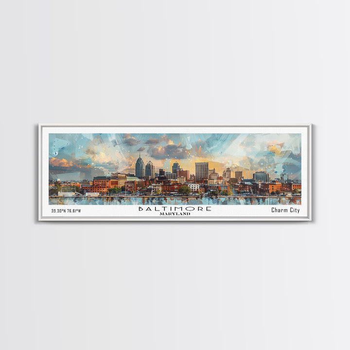 Baltimore Maryland Panoramic Painting, Watercolor Framed Canvas Print, Scenic City Art, Travel Poster, Home Decor, Wall Hanging, Office Wall Art