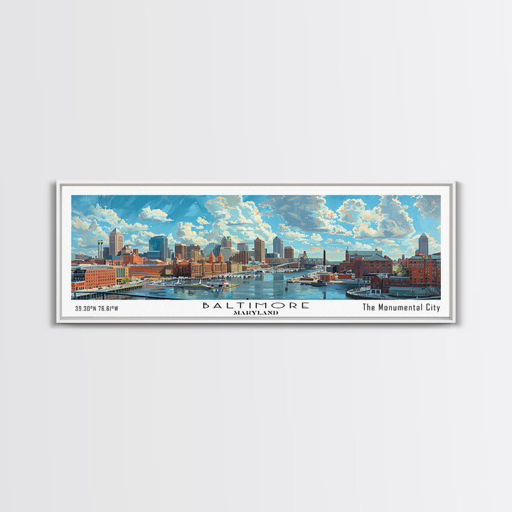 Baltimore Maryland Panoramic Watercolor Painting, Framed Canvas Print, Scenic City Art, Travel Poster, Wall Decor, Living Room Art, Gift Idea