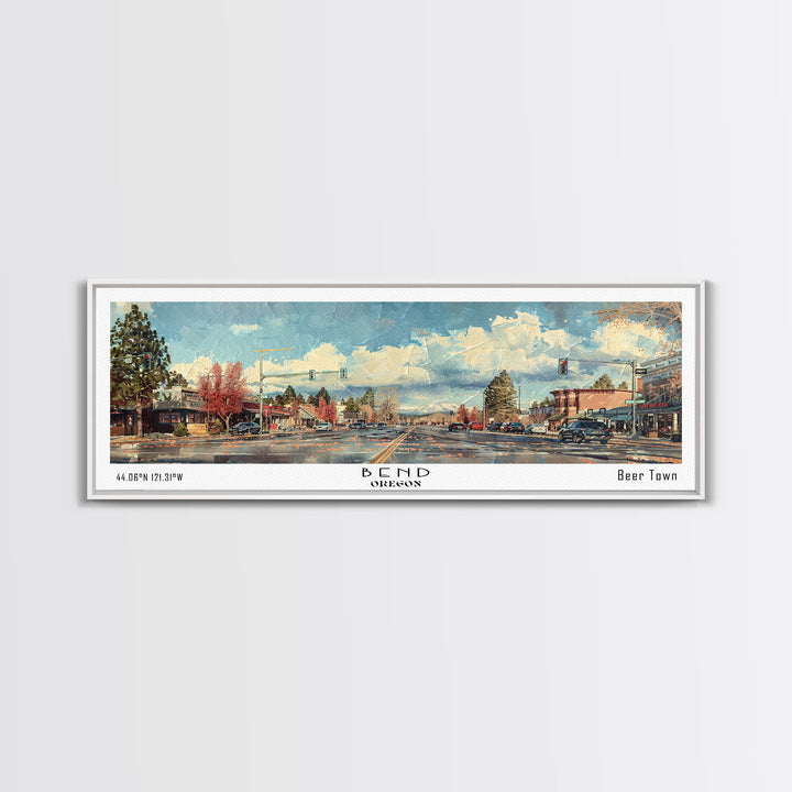 Bend Oregon Panoramic Painting, Watercolor Framed Canvas Print, Scenic City Art, Travel Poster, Home Decor, Wall Hanging, Living Room Art