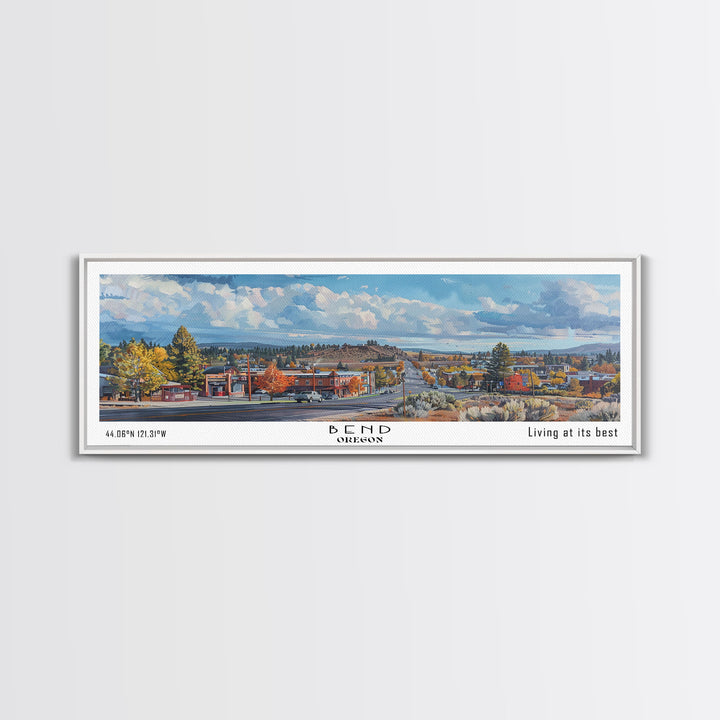 Bend Oregon Panoramic Watercolor Painting, Framed Canvas Print, Scenic City Art, Travel Poster, Wall Decor, Living Room Art, Gift Idea