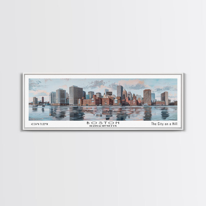 Boston Massachusetts Panoramic Painting, Watercolor Framed Canvas Print, Scenic City Art, Travel Poster, Home Decor, Wall Art, Office Wall Art