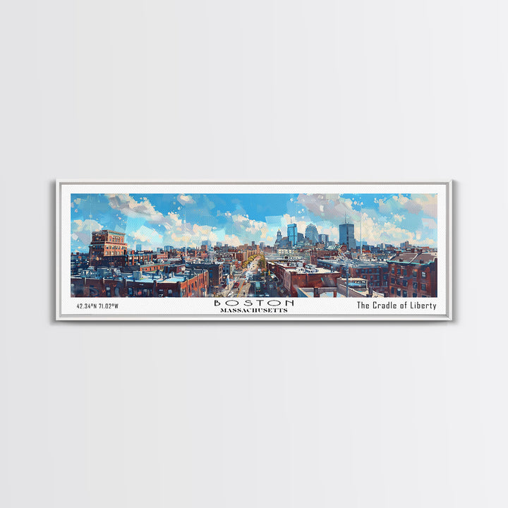 Boston Massachusetts Panoramic Watercolor Painting, Framed Canvas Print, Scenic City Art, Travel Poster, Home Decor, Wall Hanging, Living Room Art