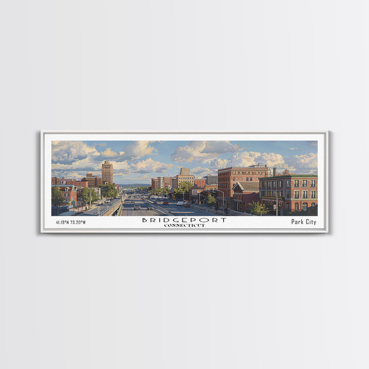 Bridgeport Connecticut Panoramic Painting, Watercolor Framed Canvas Print, Scenic City Art, Travel Poster, Home Decor, Wall Art, Office Wall Art