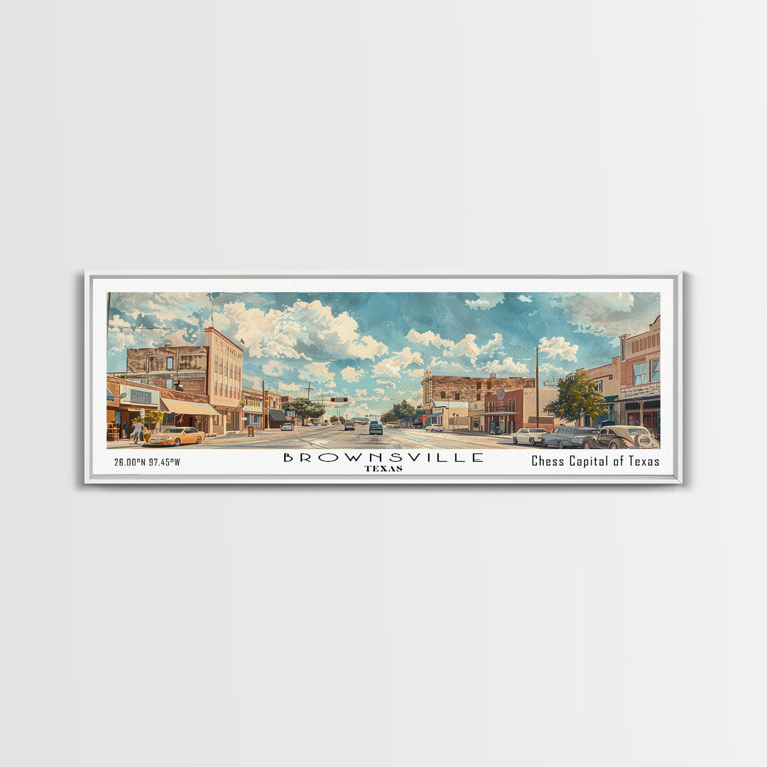 Brownsville Texas Panoramic Painting, Watercolor Framed Canvas Print, Scenic City Art, Travel Poster, Wall Decor, Living Room Art, Gift Idea