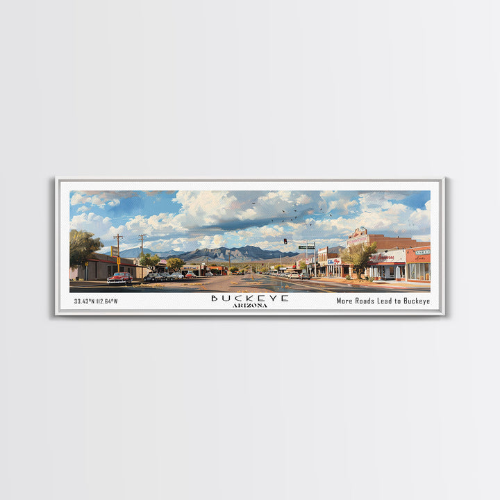 Buckeye Arizona Panoramic Watercolor Painting Framed Canvas Print, Travel Poster Art, Home Decor, Vibrant Arizona Cityscape, Office Decoration, Living Room Wall Art, Unique Gift