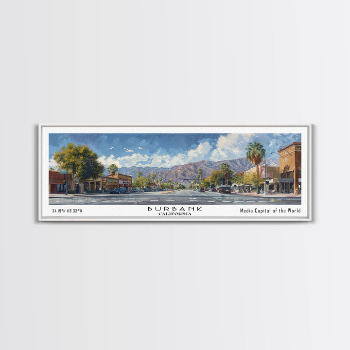 Burbank California Panoramic Watercolor Painting Framed Canvas Print, Travel Poster Art, Home Decor, Charming Cityscape, Bedroom Wall Art, Office Decoration, Gift for Travelers