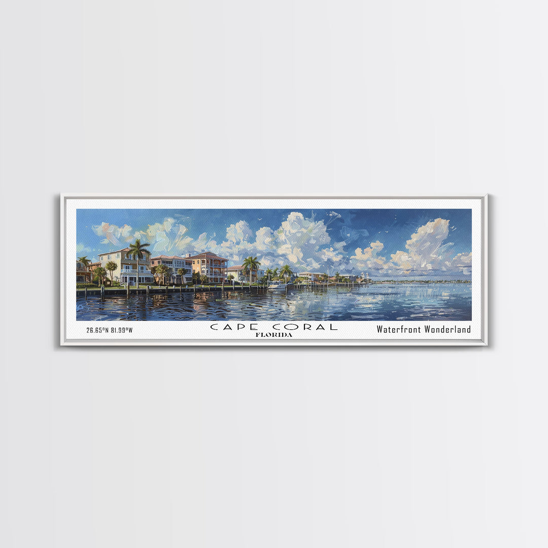 Cape Coral Florida Panoramic Watercolor Painting Framed Canvas Print, Travel Poster Art, Coastal Cityscape, Living Room Decor, Wall Hanging, Office Art, Unique Gift Idea