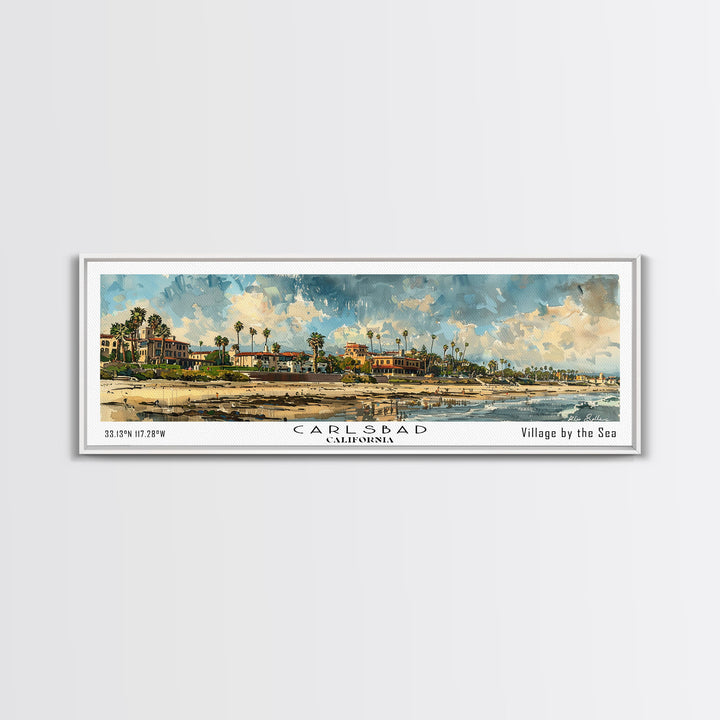 Carlsbad California Panoramic Watercolor Painting Framed Canvas Print, Travel Poster Art, Coastal Home Decor, Picturesque Cityscape, Wall Art for Bedroom, Office Wall Decoration, Travel Enthusiast Gift