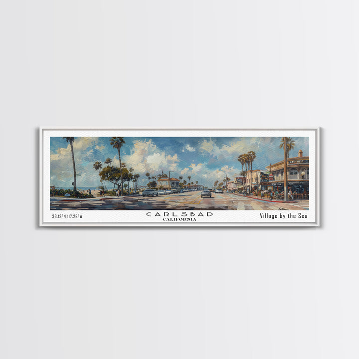 Carlsbad California Panoramic Watercolor Style Framed Canvas Print, Coastal Travel Poster, Home Decor, Picturesque Seascape, Office Wall Art, Living Room Decoration, Unique Gift Idea