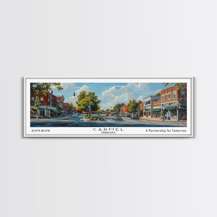 Carmel Indiana Panoramic Watercolor Painting Framed Canvas Print, Travel Poster Art, Charming Cityscape, Home Decor, Bedroom Wall Art, Office Decoration, Unique Travel Gift