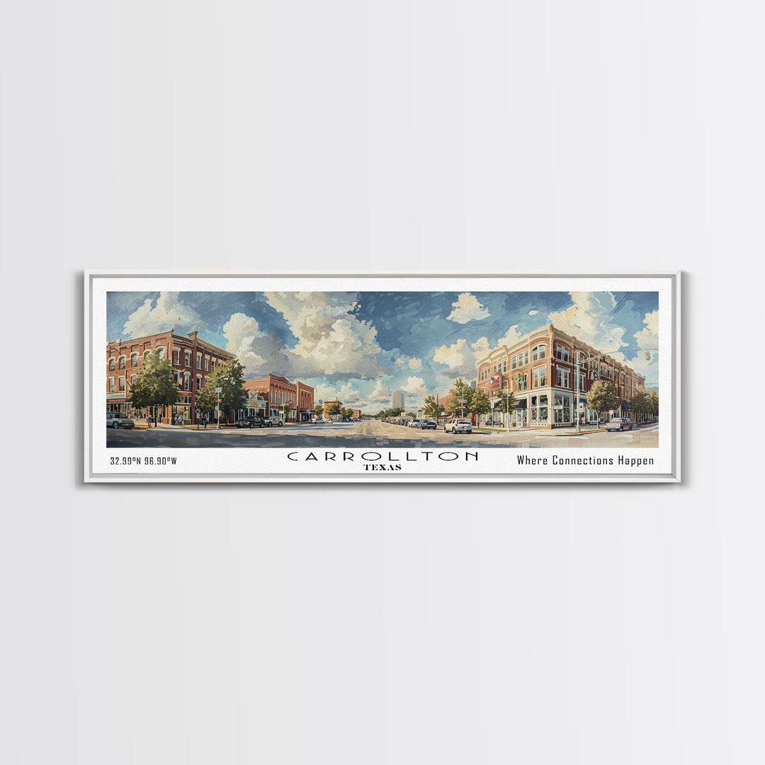 Carrolton Texas Panoramic Watercolor Painting Framed Canvas Print, Travel Poster Art, Home Decor, Vibrant Texas Cityscape, Living Room Wall Art, Office Decoration, Gift for Texans