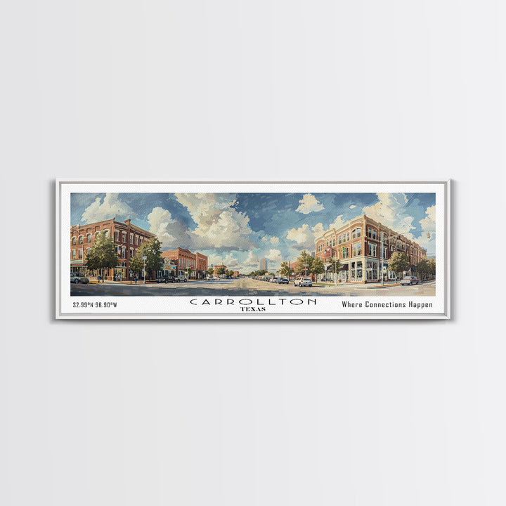 Carrolton Texas Panoramic Watercolor Painting Framed Canvas Print, Travel Poster Art, Home Decor, Vibrant Texas Cityscape, Living Room Wall Art, Office Decoration, Gift for Texans