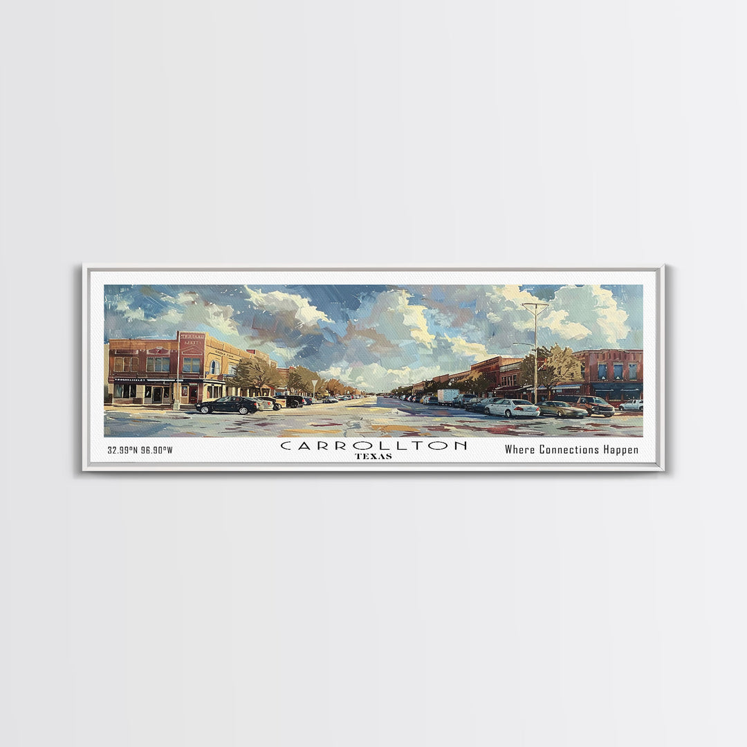 Carrolton Texas Panoramic Watercolor Painting Framed Canvas Print, Travel Poster Art, Home Decor, Texas City Landscape, Bedroom Wall Art, Office Decoration, Texas-Themed Gift