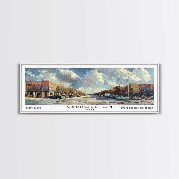 Carrolton Texas Panoramic Watercolor Painting Framed Canvas Print, Travel Poster Art, Home Decor, Texas City Landscape, Bedroom Wall Art, Office Decoration, Texas-Themed Gift