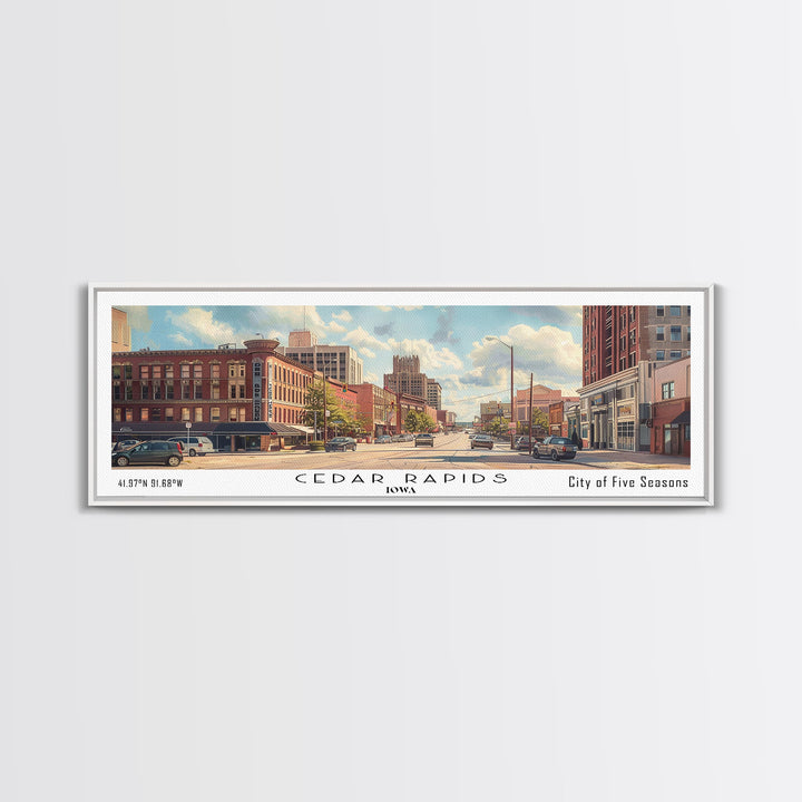Cedar Rapids Iowa Panoramic Watercolor Painting Framed Canvas Print, Travel Poster Art, Home Decor, Iowa Cityscape, Living Room Decoration, Office Wall Art, Gift for Iowans