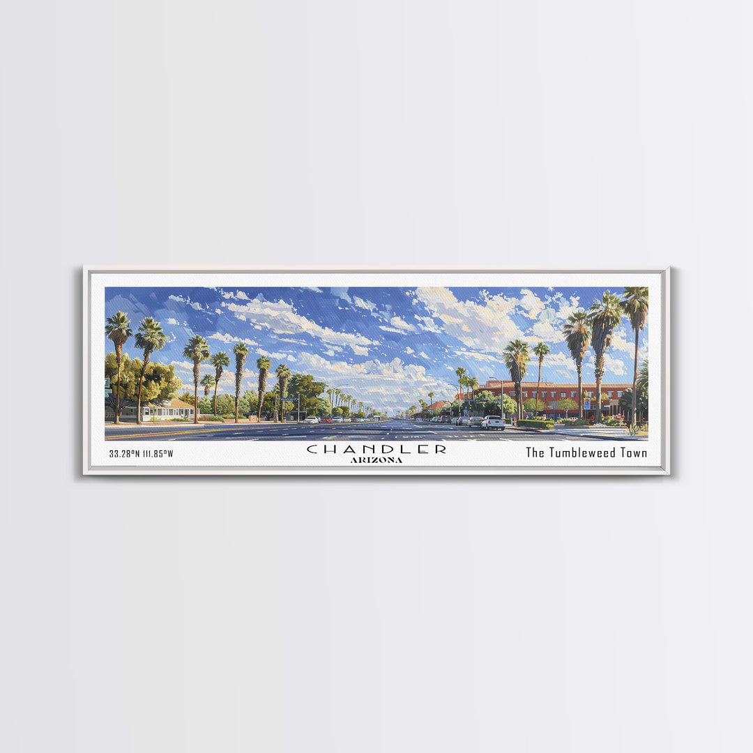 Chandler Arizona Panoramic Watercolor Painting Framed Canvas Print, Travel Poster Art, Home Decor, Vibrant Arizona Cityscape, Living Room Wall Art, Office Decoration, Gift for Art Lovers