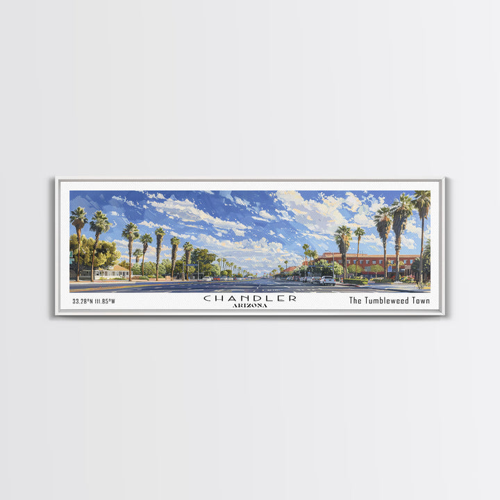 Chandler Arizona Panoramic Watercolor Painting Framed Canvas Print, Travel Poster Art, Home Decor, Vibrant Arizona Cityscape, Living Room Wall Art, Office Decoration, Gift for Art Lovers