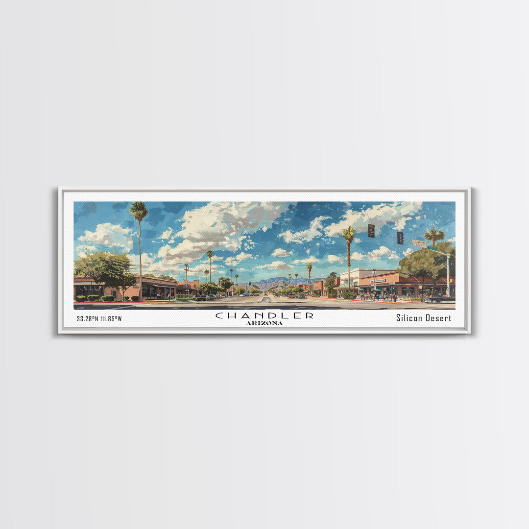 Chandler Arizona Panoramic Watercolor Painting Framed Canvas Print, Travel Poster Art, Home Decor, Desert Cityscape, Bedroom Wall Art, Office Decoration, Unique Travel Gift