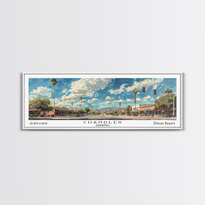 Chandler Arizona Panoramic Watercolor Painting Framed Canvas Print, Travel Poster Art, Home Decor, Desert Cityscape, Bedroom Wall Art, Office Decoration, Unique Travel Gift