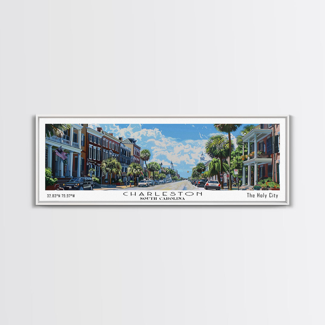 Charleston South Carolina Panoramic Watercolor Painting Framed Canvas Print, Travel Poster Art, Coastal Cityscape, Living Room Decor, Wall Hanging, Office Art, Southern Charm Gift