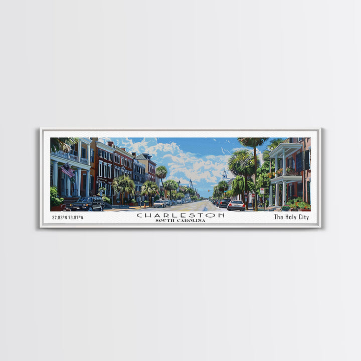 Charleston South Carolina Panoramic Watercolor Painting Framed Canvas Print, Travel Poster Art, Coastal Cityscape, Living Room Decor, Wall Hanging, Office Art, Southern Charm Gift
