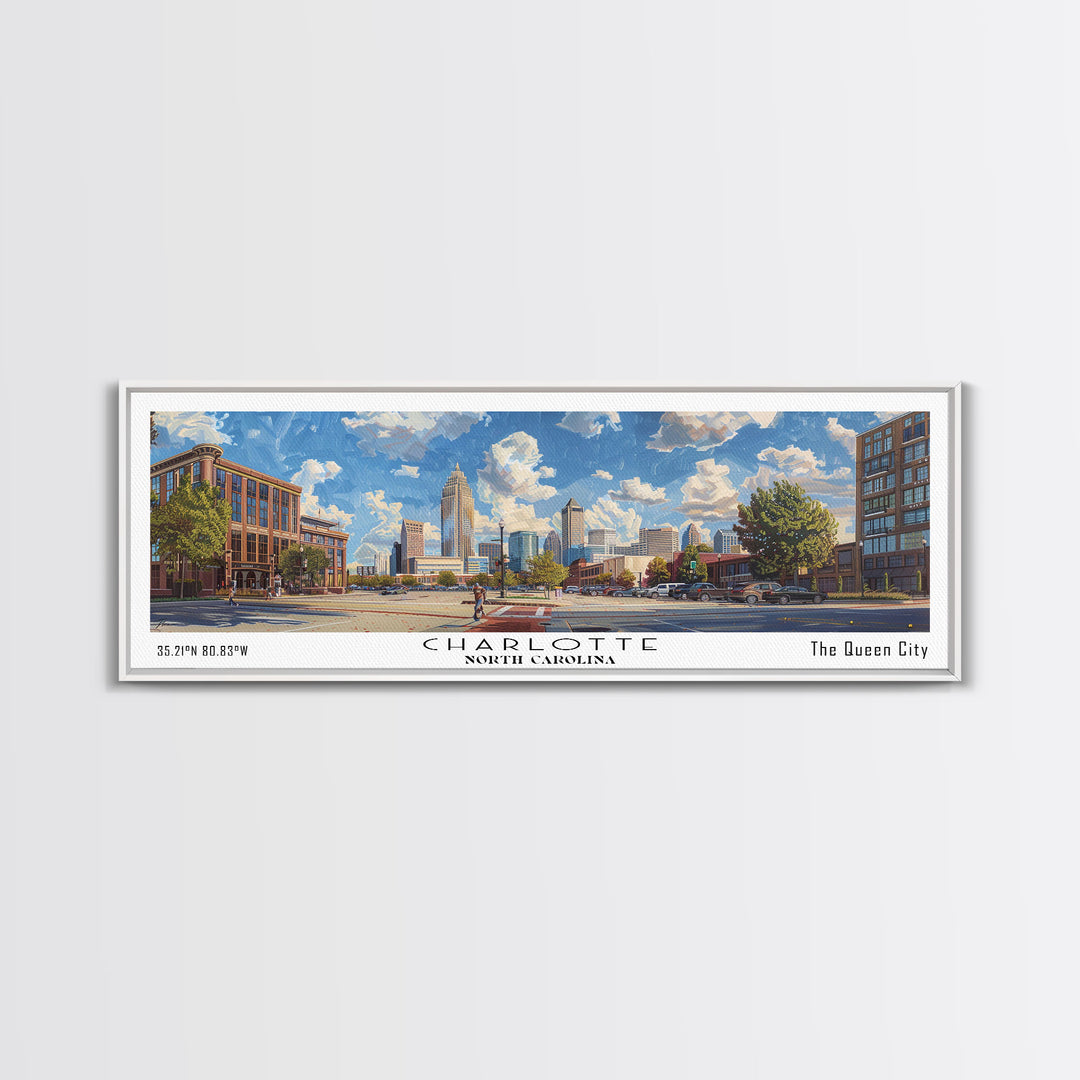 Charlotte North Carolina Panoramic Watercolor Painting Framed Canvas Print, Travel Poster Art, Urban Cityscape, Living Room Decor, Wall Art, Office Decoration, North Carolina Gift
