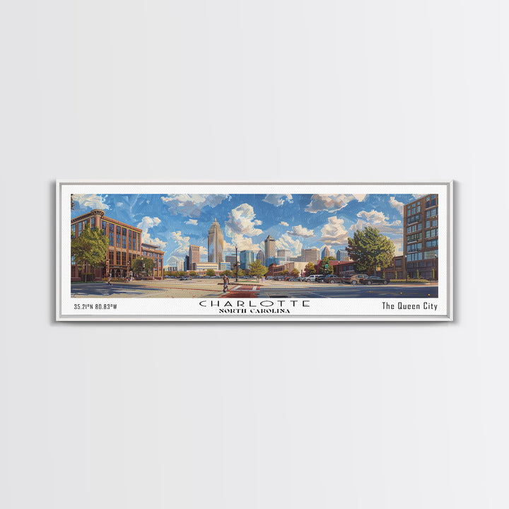 Charlotte North Carolina Panoramic Watercolor Painting Framed Canvas Print, Travel Poster Art, Urban Cityscape, Living Room Decor, Wall Art, Office Decoration, North Carolina Gift