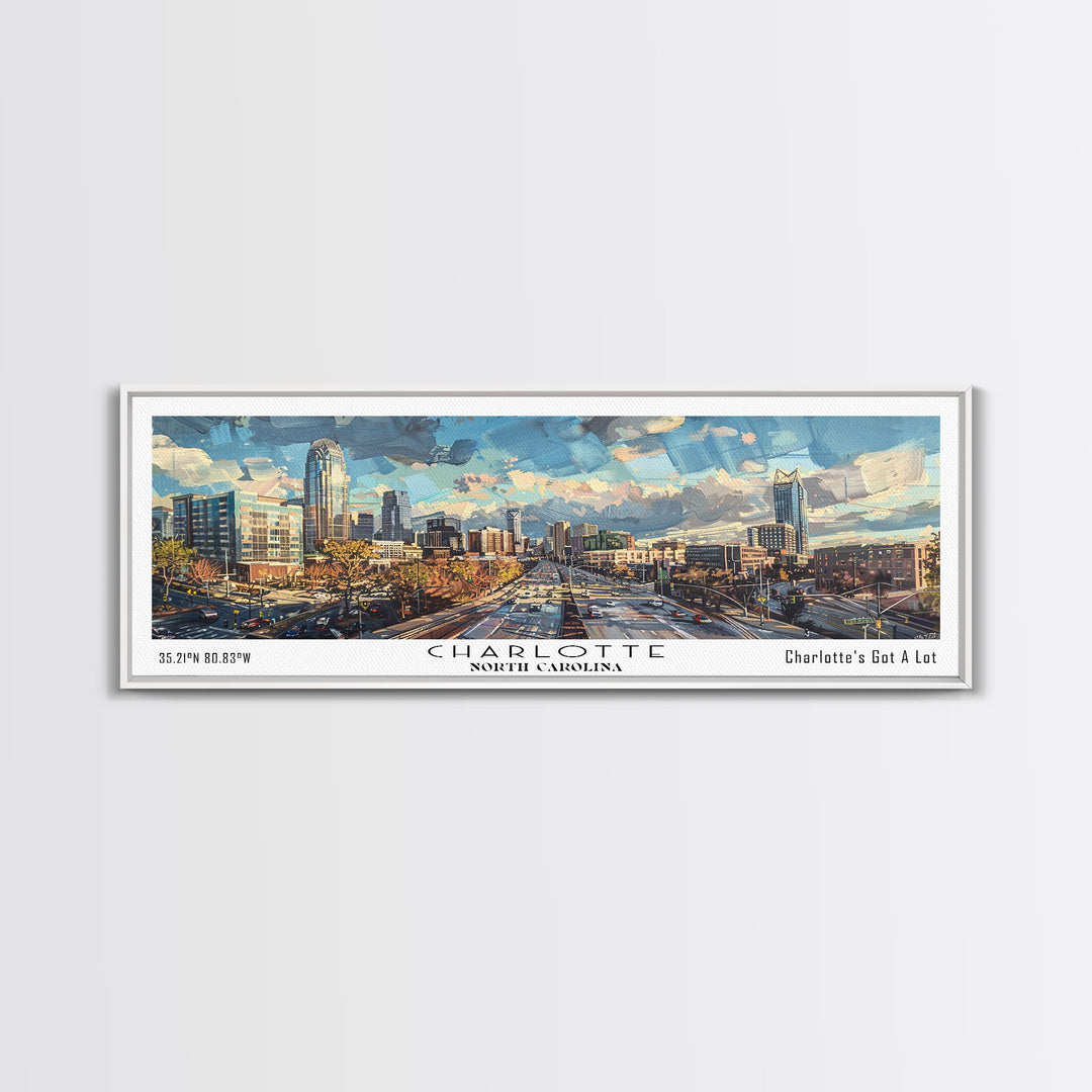 Charlotte North Carolina Panoramic Watercolor Painting Framed Canvas Print, Travel Poster Art, Urban Landscape, Home Decor, Bedroom Wall Art, Office Decoration, Unique Travel Gift
