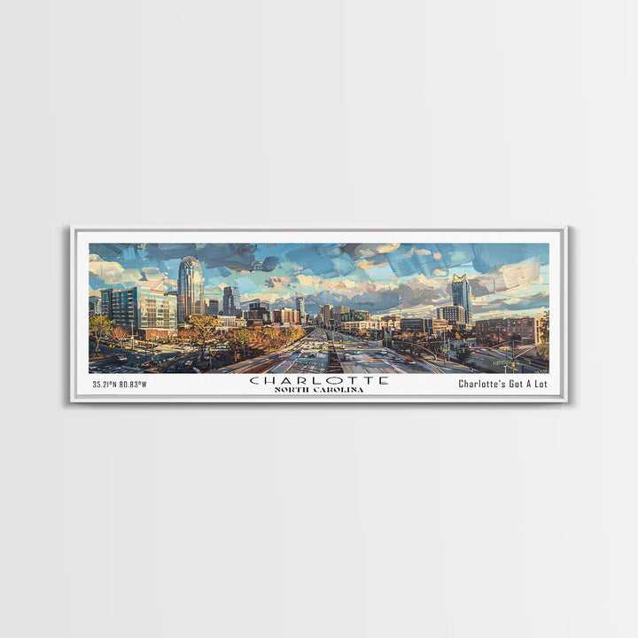 Charlotte North Carolina Panoramic Watercolor Painting Framed Canvas Print, Travel Poster Art, Urban Landscape, Home Decor, Bedroom Wall Art, Office Decoration, Unique Travel Gift