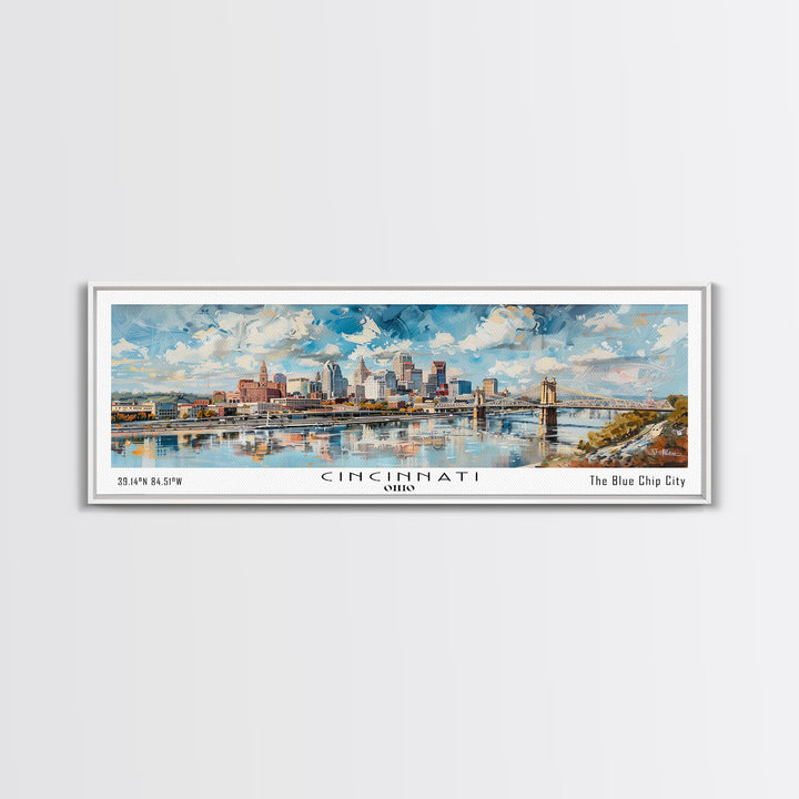 Cincinnati Ohio Panoramic Watercolor Painting Framed Canvas Print, Travel Poster Art, Urban Cityscape, Home Decor, Living Room Wall Art, Office Decoration, Gift for Ohioans