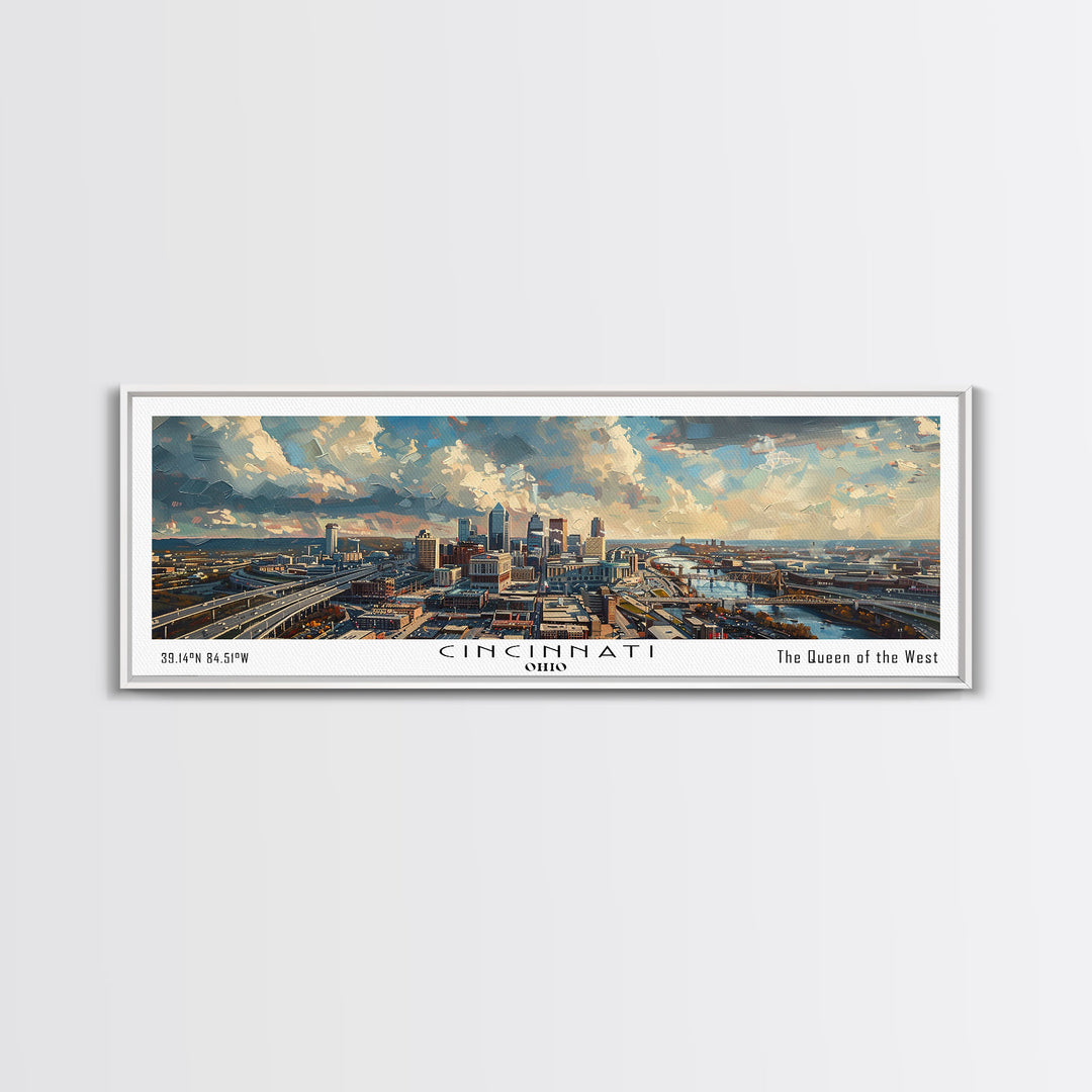 Cincinnati Ohio Panoramic Watercolor Painting Framed Canvas Print, Travel Poster Art, Urban Landscape, Bedroom Wall Art, Living Room Decoration, Office Wall Art, Ohio-Themed Gift