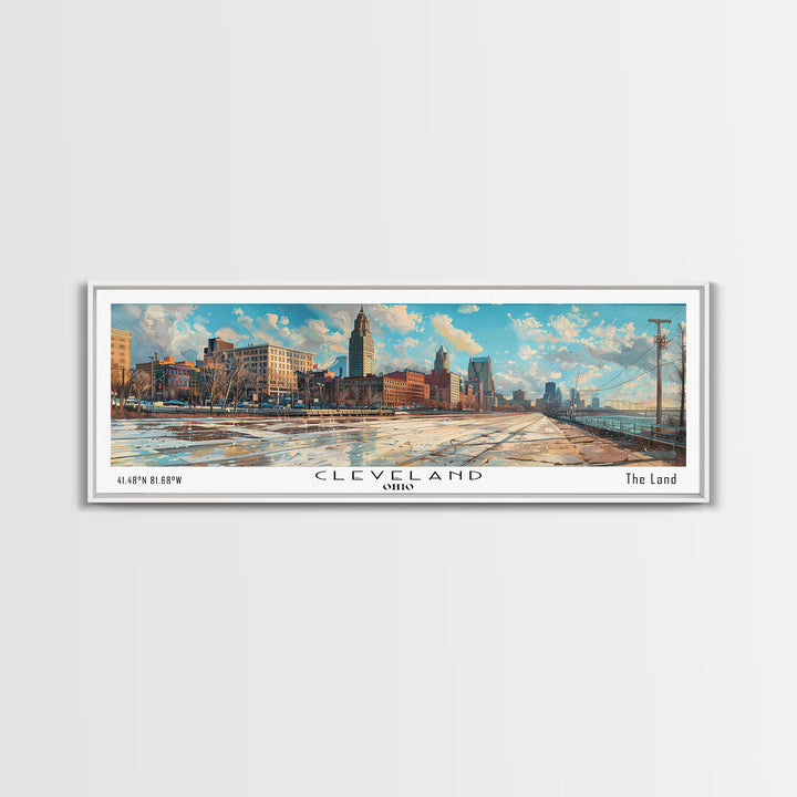 Cleveland Ohio Panoramic Watercolor Painting Framed Canvas Print, Travel Poster Art, Urban Cityscape, Home Decor, Living Room Wall Art, Office Decoration, Gift for Ohioans