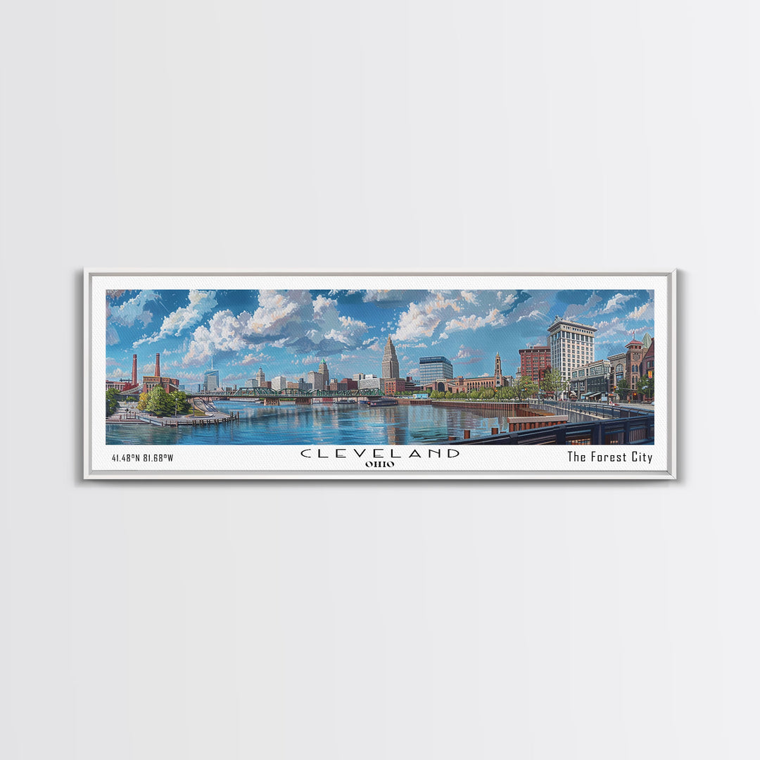 Cleveland Ohio Panoramic Watercolor Painting Framed Canvas Print, Travel Poster Art, Urban Landscape, Bedroom Wall Art, Living Room Decoration, Office Wall Art, Ohio-Themed Gift