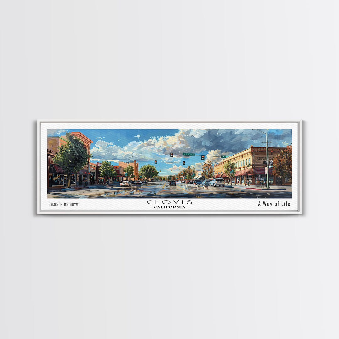 Clovis California Panoramic Watercolor Painting Framed Canvas Print, Travel Poster Art, Picturesque Landscape, Home Decor, Living Room Wall Art, Office Decoration, Unique Travel Gift