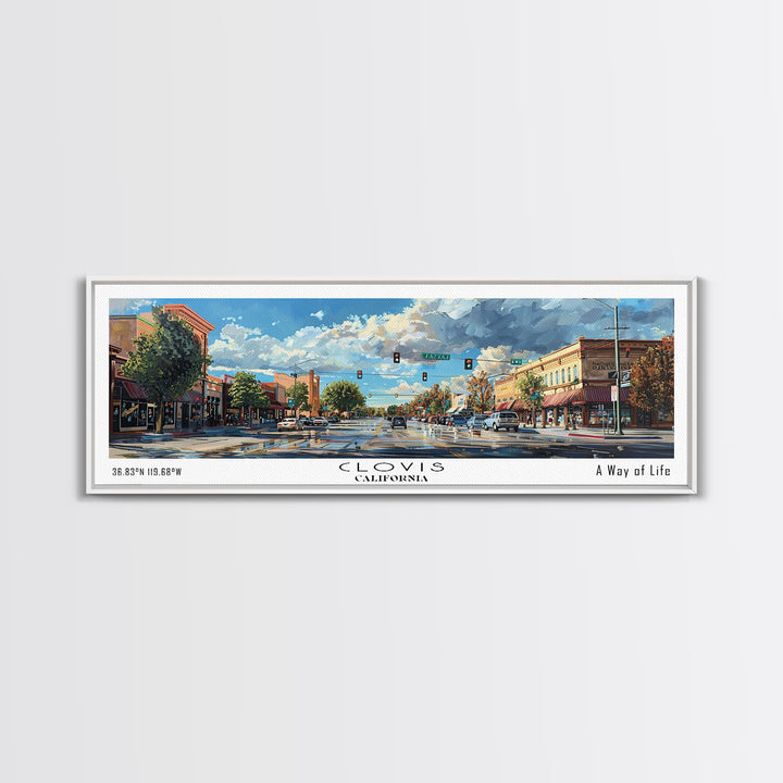 Clovis California Panoramic Watercolor Painting Framed Canvas Print, Travel Poster Art, Picturesque Landscape, Home Decor, Living Room Wall Art, Office Decoration, Unique Travel Gift