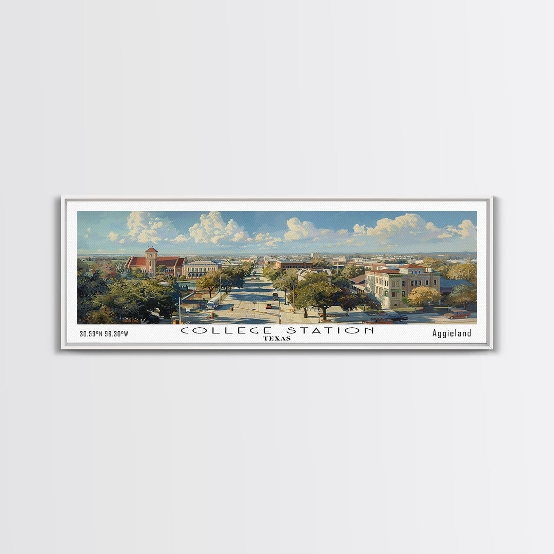 College Station Texas Panoramic Watercolor Painting Framed Canvas Print, Travel Poster Art, Cityscape, Living Room Decor, Wall Hanging, Office Art, Texas-Themed Gift