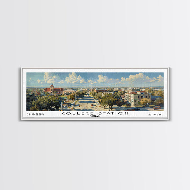 College Station Texas Panoramic Watercolor Painting Framed Canvas Print, Travel Poster Art, Cityscape, Living Room Decor, Wall Hanging, Office Art, Texas-Themed Gift