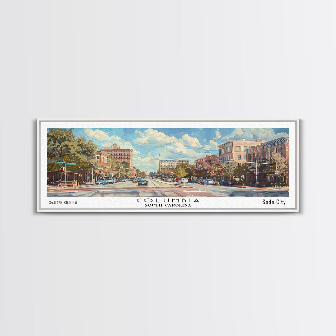 Columbia South Carolina Panoramic Watercolor Painting Framed Canvas Print, Travel Poster Art, Urban Cityscape, Living Room Decor, Wall Hanging, Office Art, Southern Charm Gift