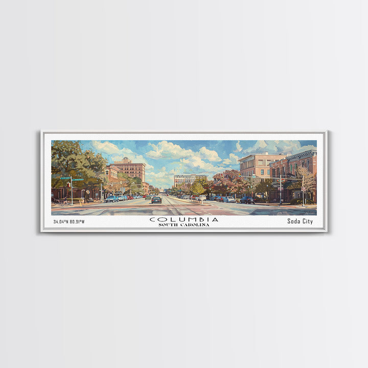 Columbia South Carolina Panoramic Watercolor Painting Framed Canvas Print, Travel Poster Art, Urban Cityscape, Living Room Decor, Wall Hanging, Office Art, Southern Charm Gift