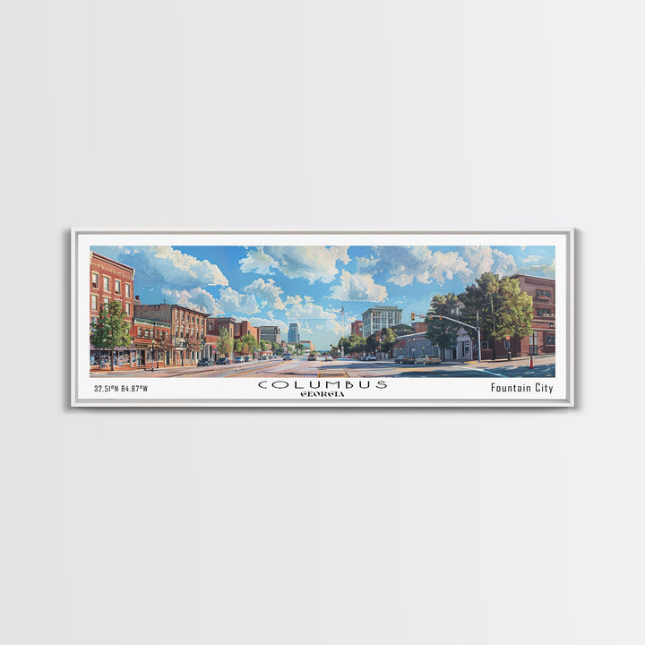 Columbus Georgia Panoramic Watercolor Painting Framed Canvas Print, Travel Poster Art, Picturesque Landscape, Home Decor, Living Room Wall Art, Office Decoration, Unique Travel Gift
