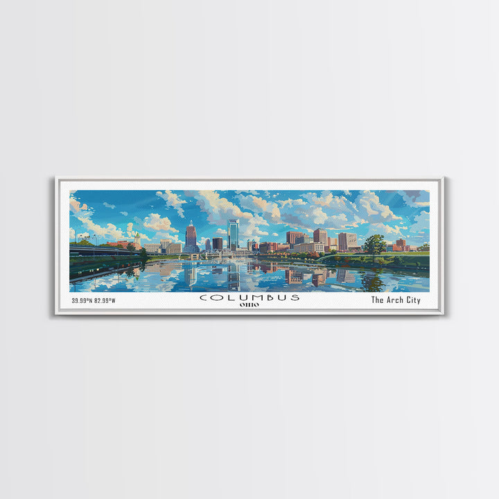 Columbus Ohio Panoramic Watercolor Painting Framed Canvas Print, Travel Poster Art, Urban Cityscape, Home Decor, Living Room Wall Art, Office Decoration, Gift for Ohioans