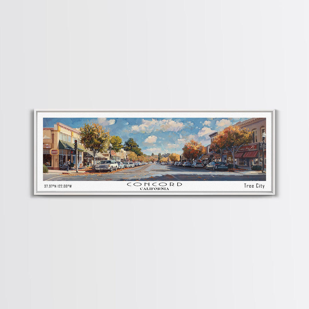 Concord California Panoramic Watercolor Painting Framed Canvas Print, Travel Poster Art, Picturesque Landscape, Living Room Decor, Wall Art, Office Decoration, Unique Travel Gift