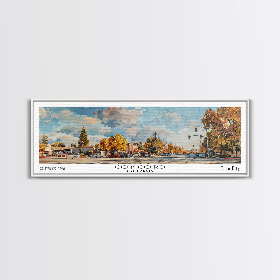Concord California Panoramic Watercolor Painting Framed Canvas Print, Travel Poster Art, Urban Landscape, Bedroom Wall Art, Living Room Decoration, Office Wall Art, California-Themed Gift