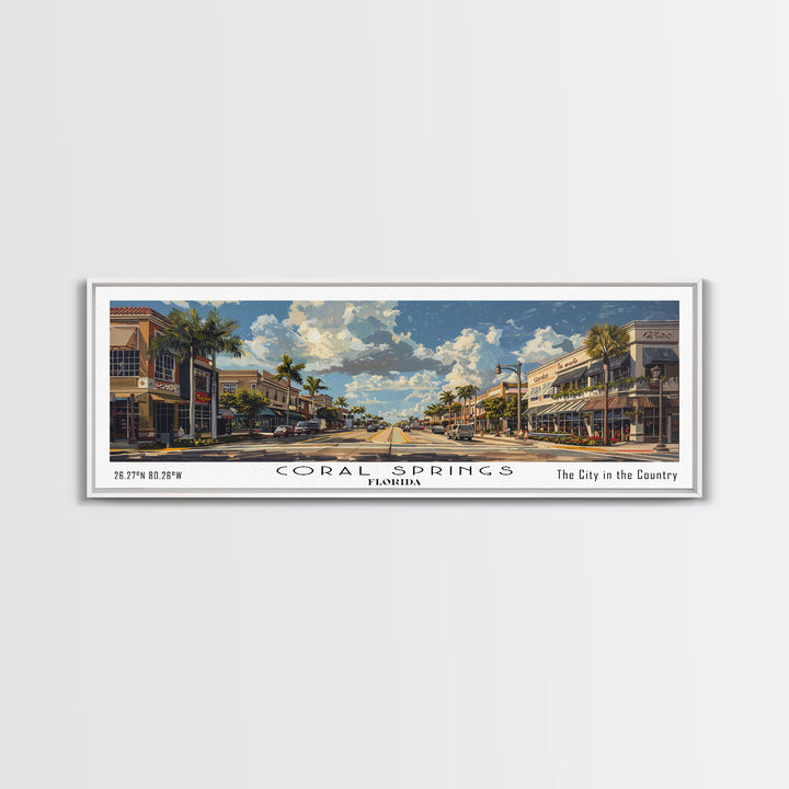 Coral Springs Florida Panoramic Watercolor Painting Framed Canvas Print, Travel Poster Art, Scenic Coastal View, Bedroom Wall Art, Living Room Decoration, Office Wall Art, Florida-Themed Gift